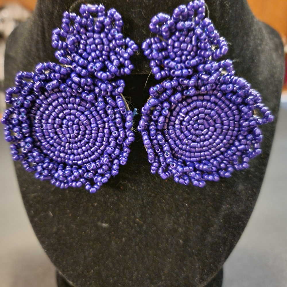 Purple Seed Bead Flower Earrings - Picture 2 of 6